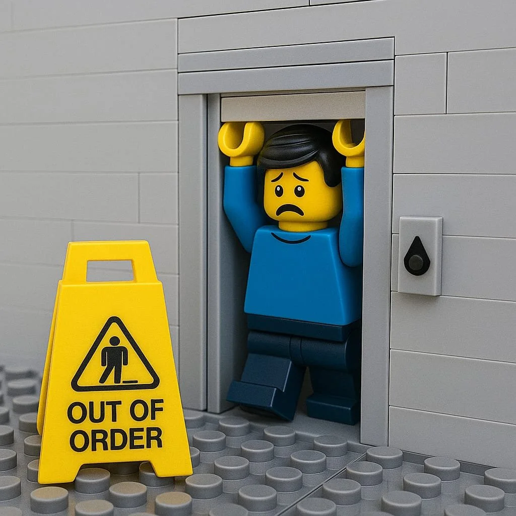 A conceptual illustration of a person facing a dangerous condition in an elevator—representing a California government liability claim for public property negligence.