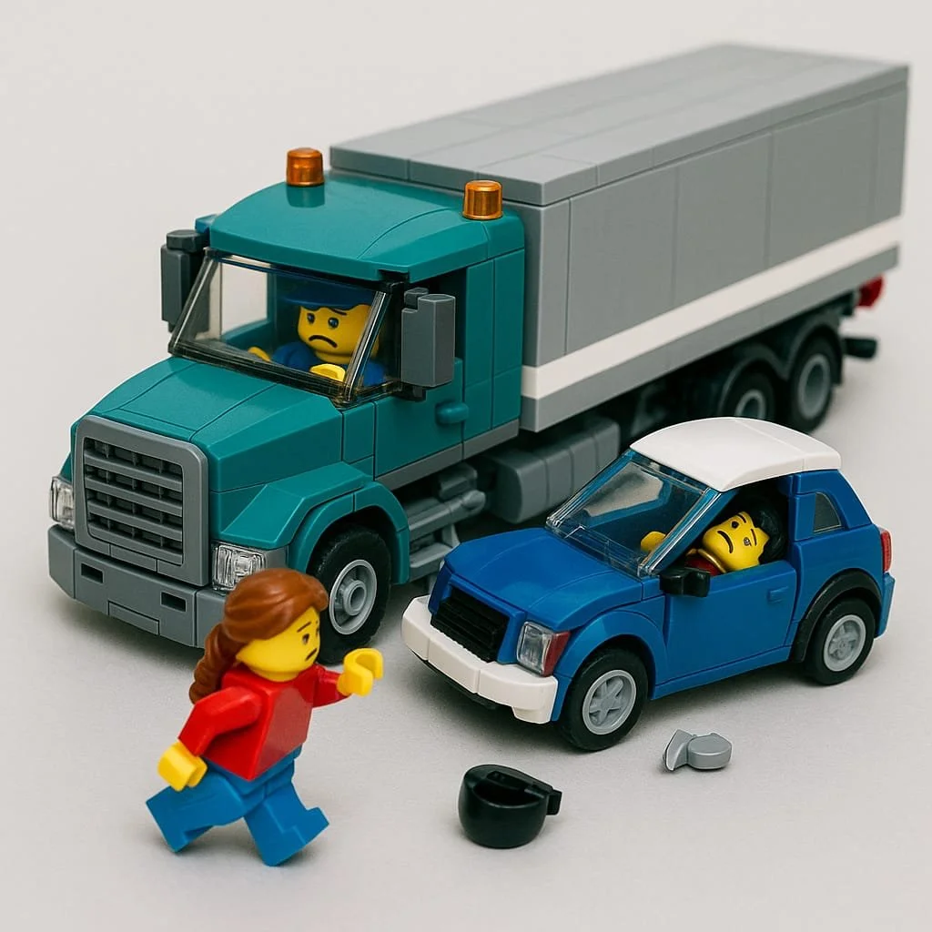 Professional illustration of a commercial truck accident in Los Angeles for Doust Law, highlighting the complexity of tractor-trailer injury claims.