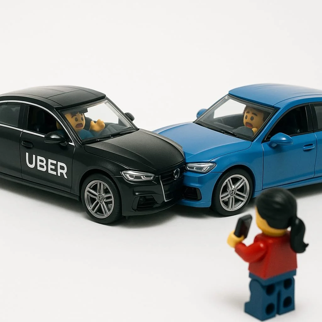 Professional illustration of an Uber and Lyft rideshare accident in Los Angeles for Doust Law, representing complex insurance liability and passenger injury claims.
