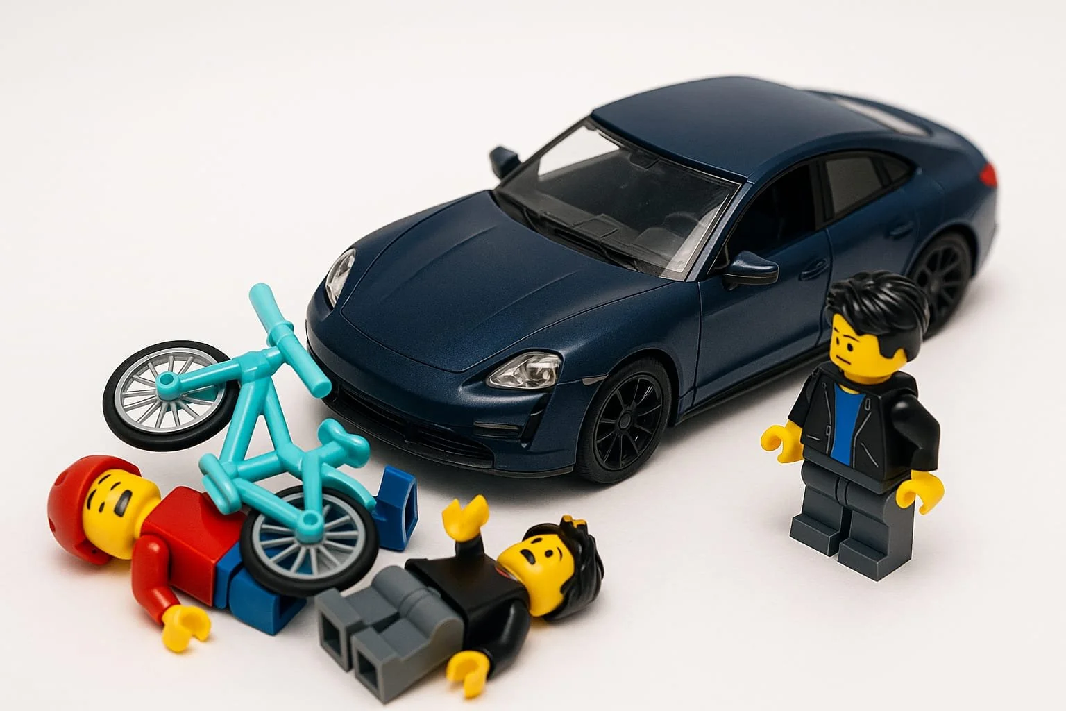 A miniature model depicting a bicycle accident scene with a car and cyclist to illustrate liability and legal rights in California.