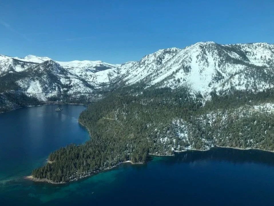 Emerald Bay, Lake Tahoe, California as seen from North Tahoe Aviation air tour, sight seeing tour. Helicopter sightseeing tour. 
