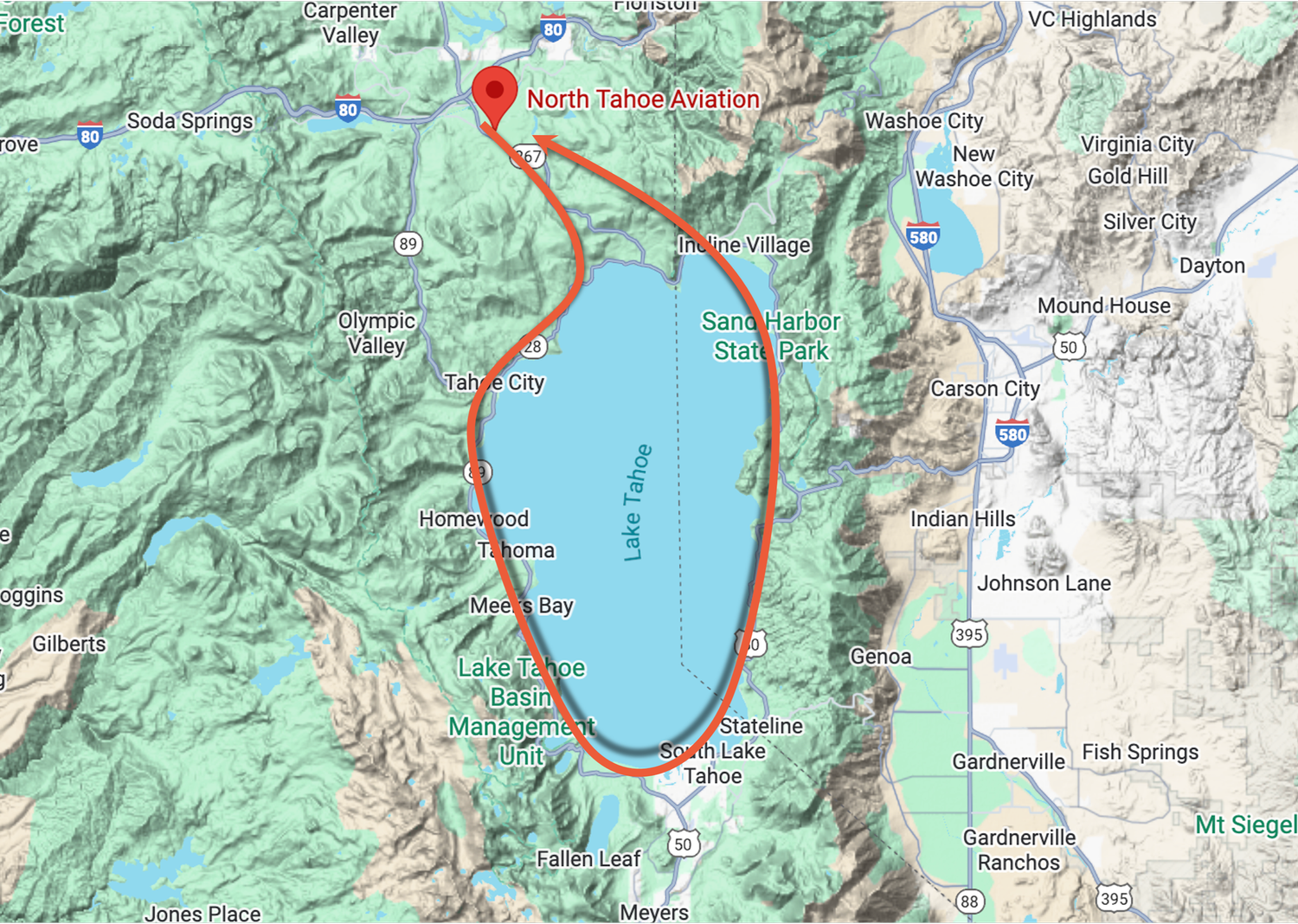 Map of the Lake Tahoe Flight route, a full lap around Lake Tahoe from the Truckee Tahoe Airport