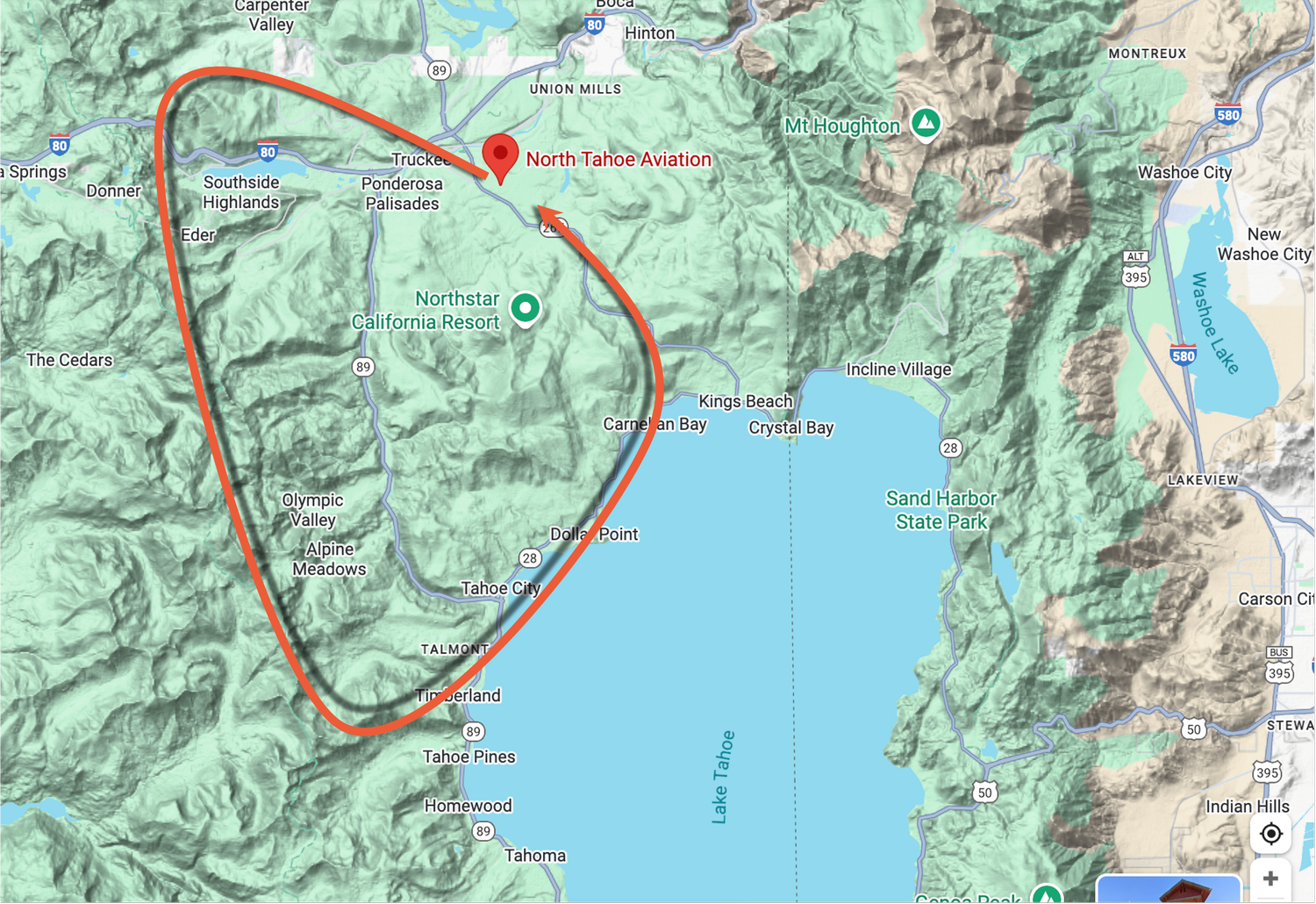 Map of the North Shore Flight route over Lake Tahoe's North Shore and the Pacific Crest from the Truckee Tahoe Airport