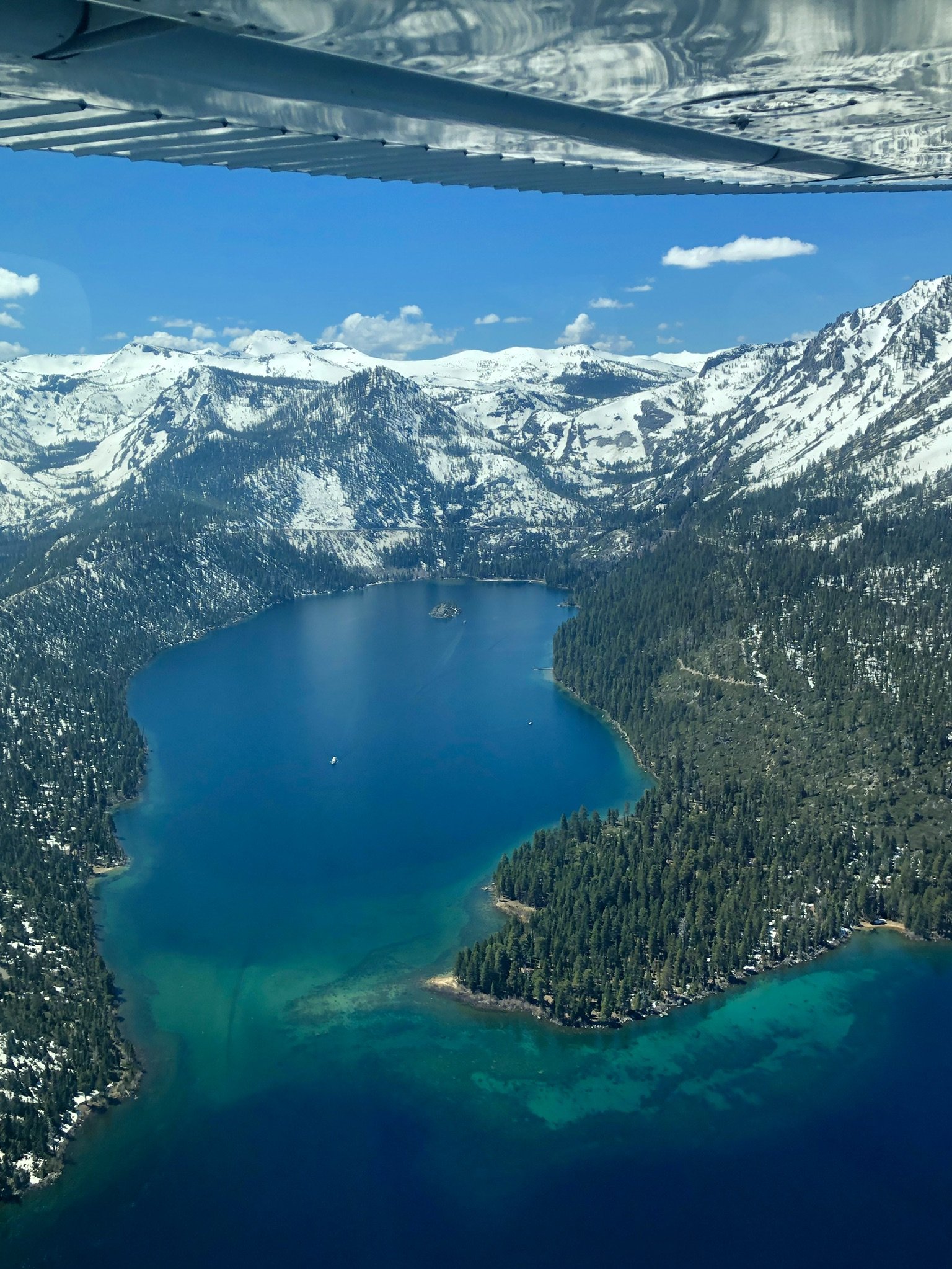 Emerald Bay, Lake Tahoe, California as seen from North Tahoe Aviation air tour, sight seeing tour. Helicopter sightseeing tour. 