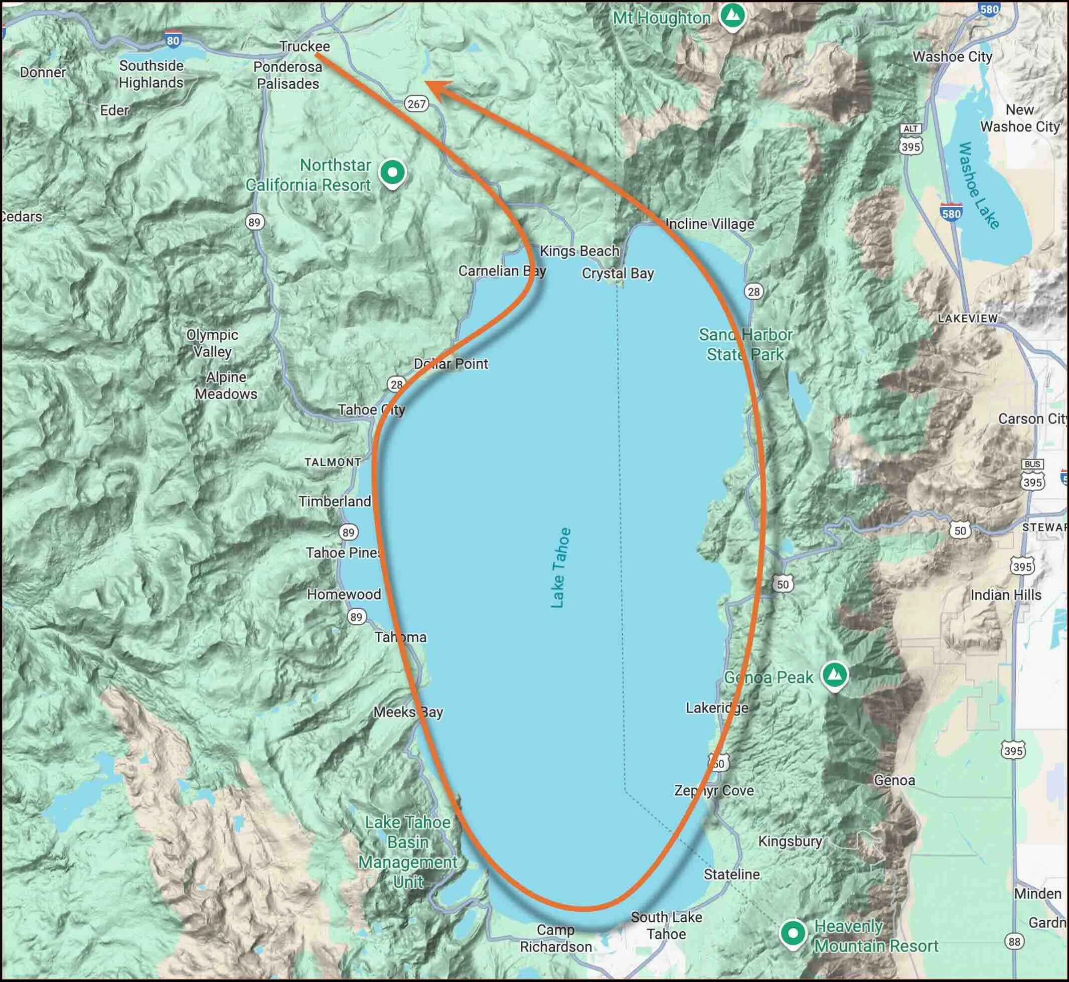Map of Lake Tahoe with highlighted scenic tour route around the lake , showing surrounding towns, parks, and mountains.