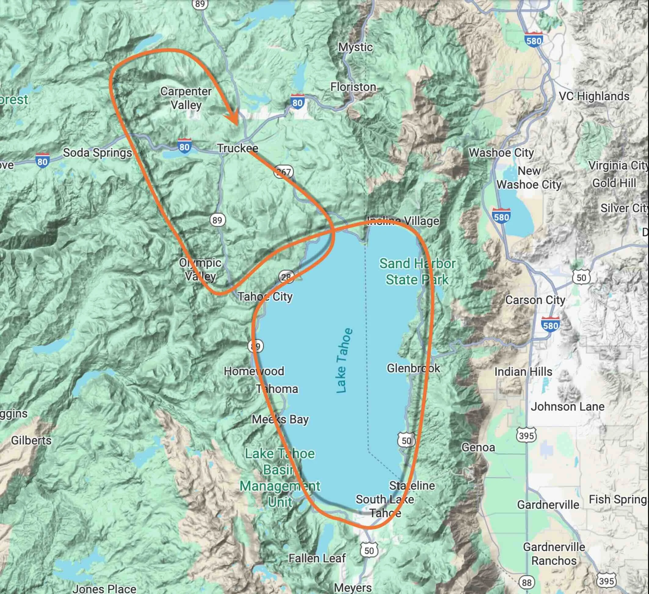 Map of Lake Tahoe area showing a marked route around the lake, including cities like Truckee, Tahoe City, and South Lake Tahoe, with surrounding highways and landmarks.