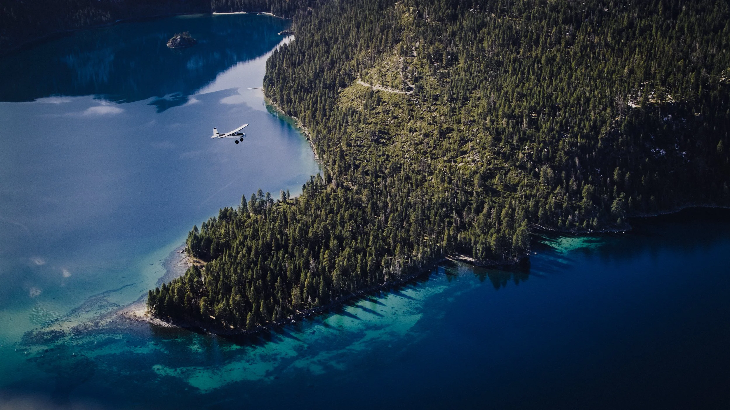 Emerald Bay, Lake Tahoe, California as seen from North Tahoe Aviation air tour, sight seeing tour. 