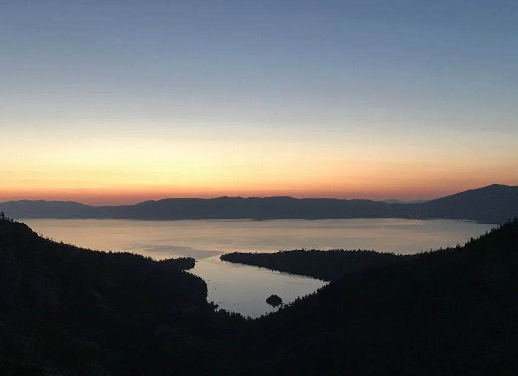 Emerald Bay, Lake Tahoe at sunset from North Tahoe Aviations aerial sightseeing tour.