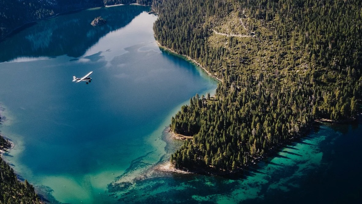 Emerald Bay, Lake Tahoe, California as seen from North Tahoe Aviation air tour, sightseeing tour, scenic airplane flight. 
