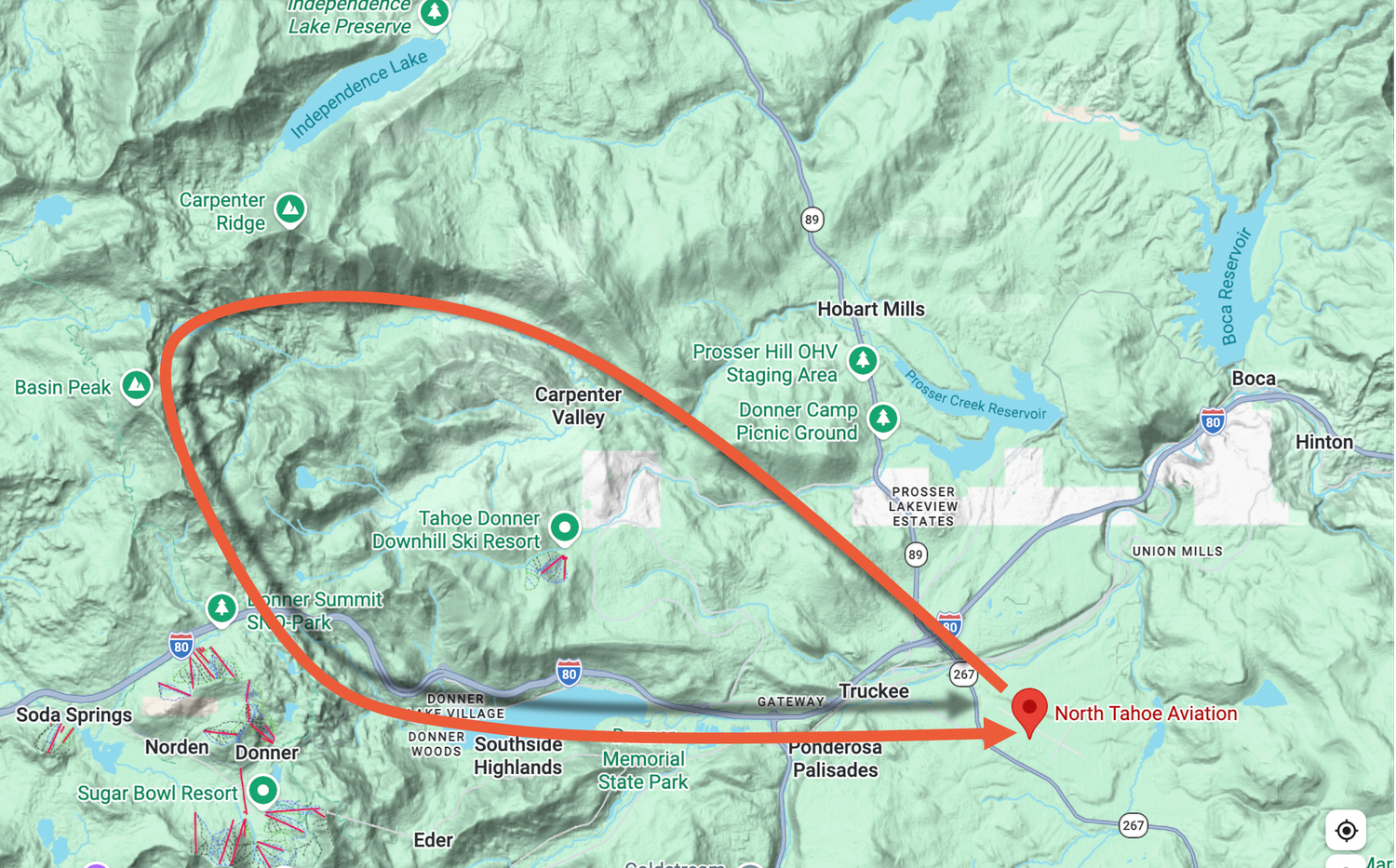 Map of the Donner Summit Flight route over Castle Peak, Donner Summit and Donner Lake from the Truckee Tahoe Airport