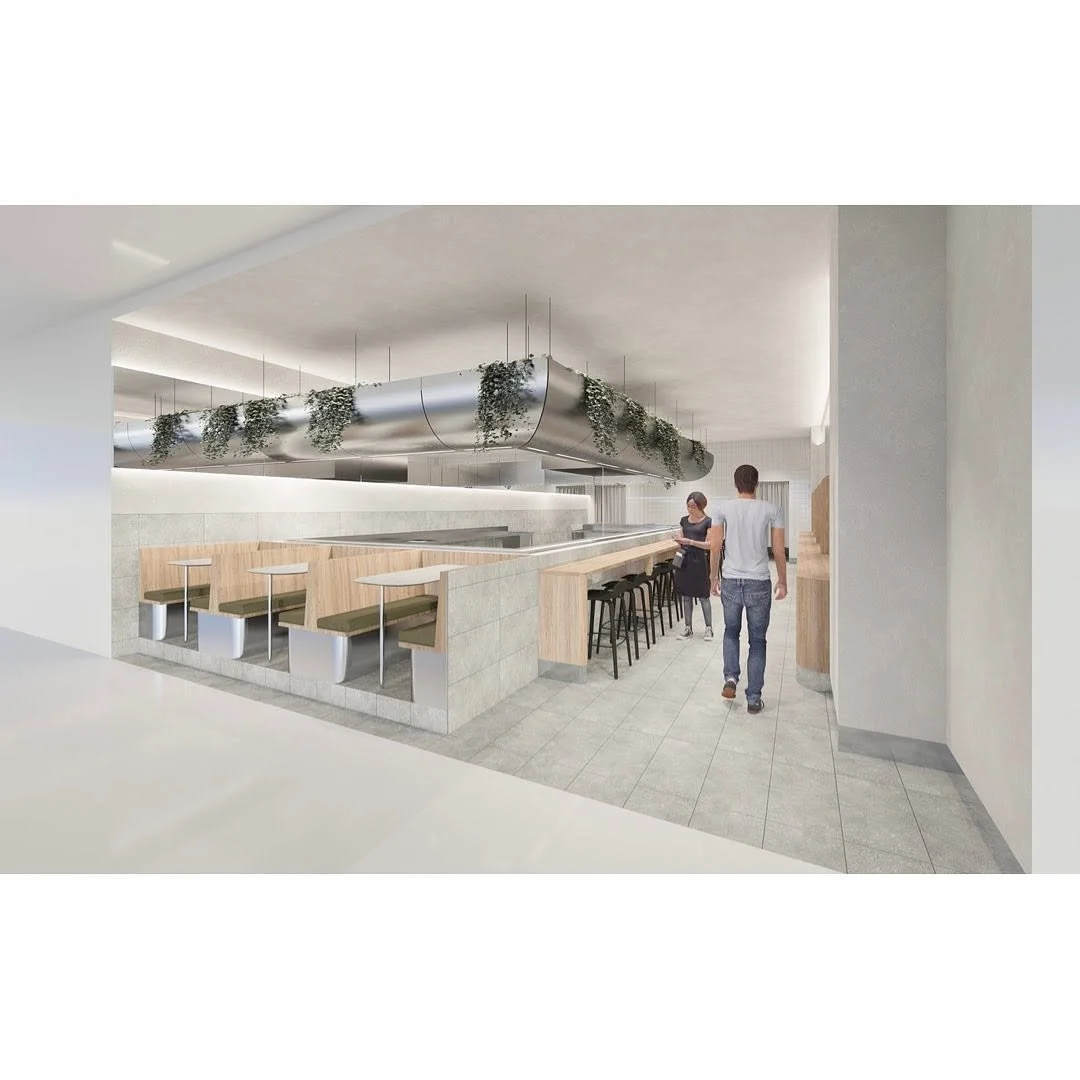 Early concept render for Wonder Sushi in Woolooware, exploring the proposed restaurant interior, central bar design and customer dining experience.