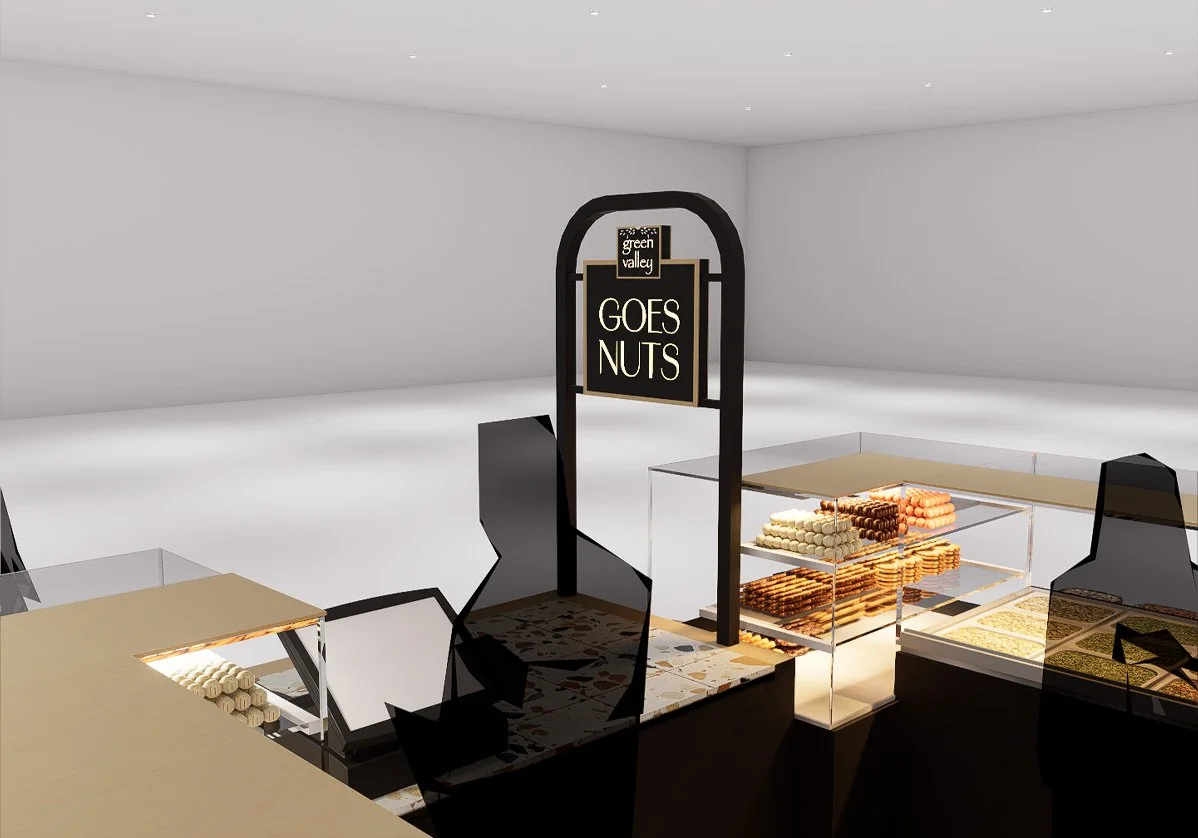 3D render of the kiosk branding and illuminated signage detail.