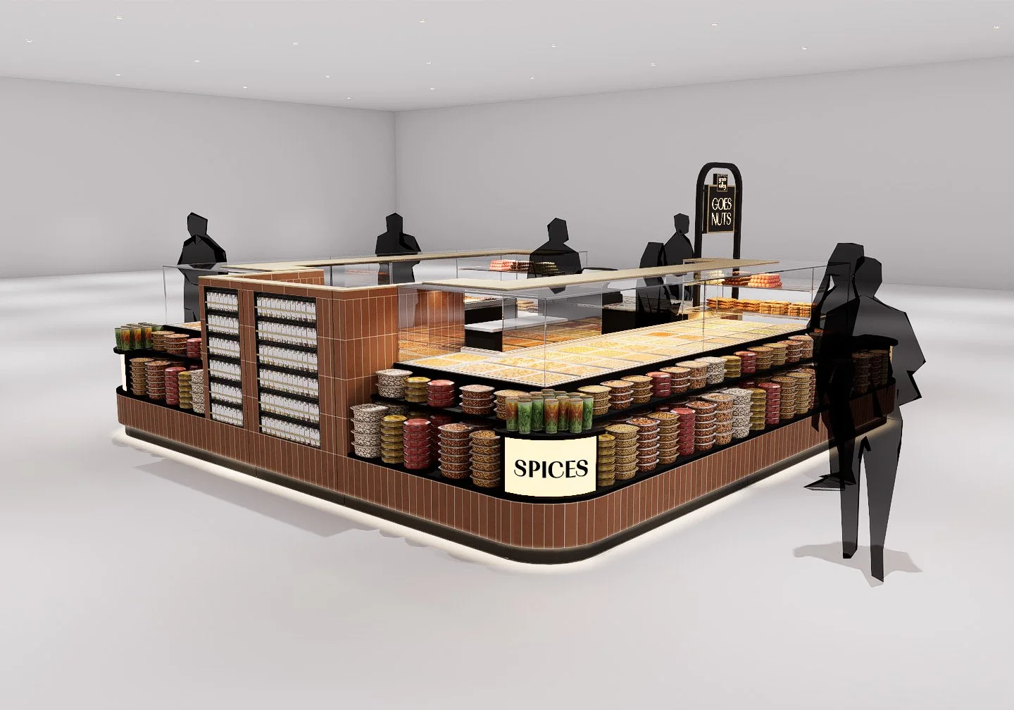 3D render showcasing custom display shelving and illuminated retail features.