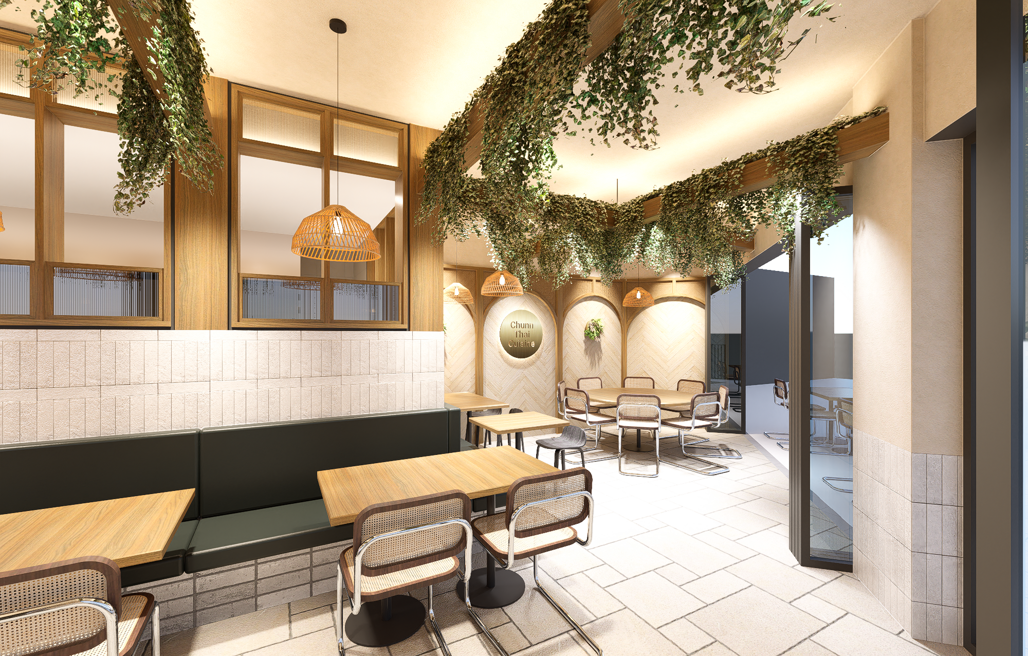 3D concept render of the Chunn Thai restaurant interior with custom seating and natural materials.
