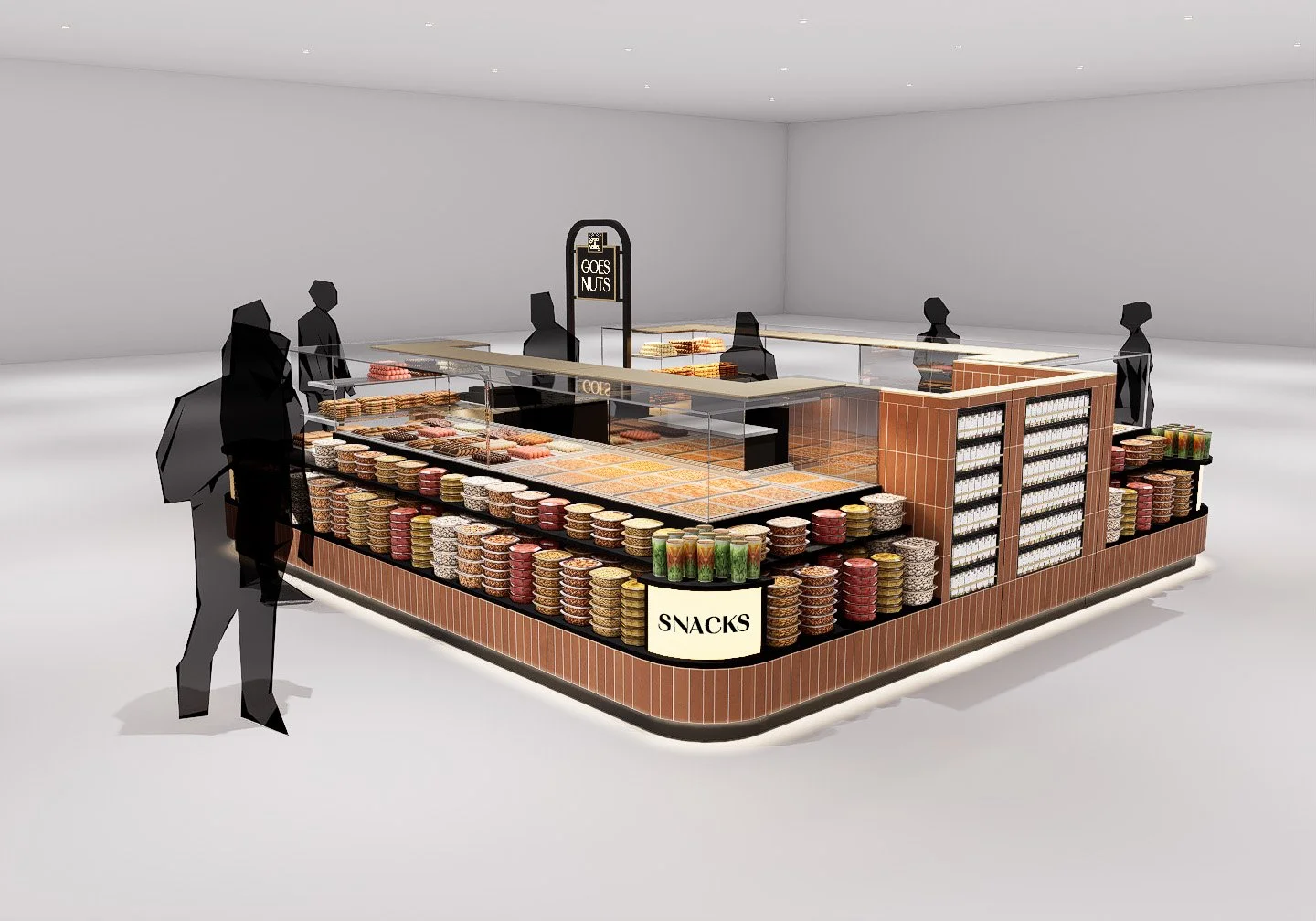 Retail kiosk concept showcasing integrated display cabinets and warm material finishes.
