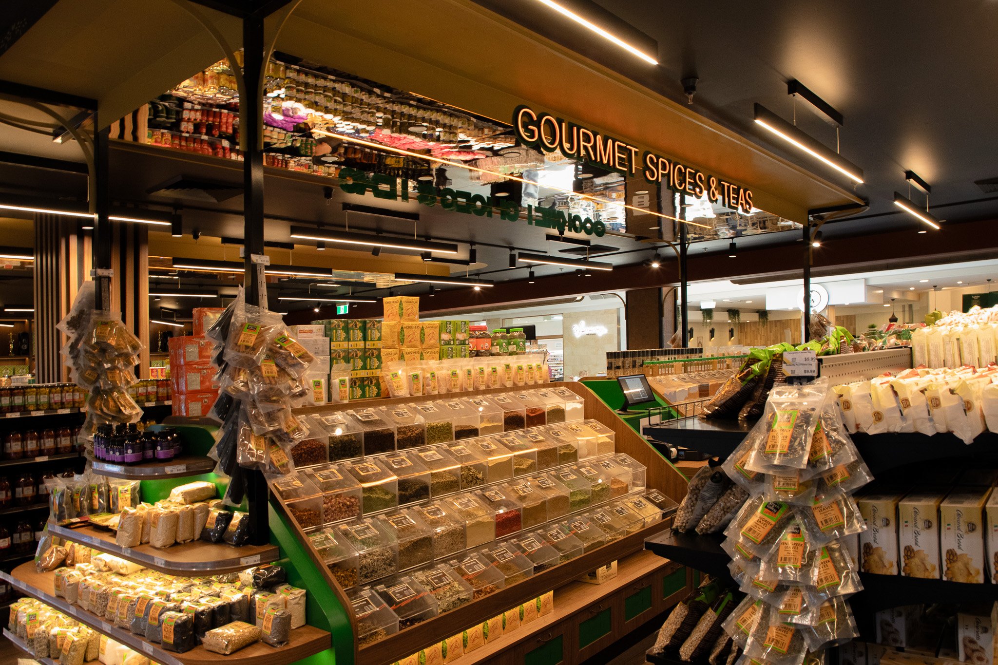 Custom display fixtures installed throughout the completed supermarket.