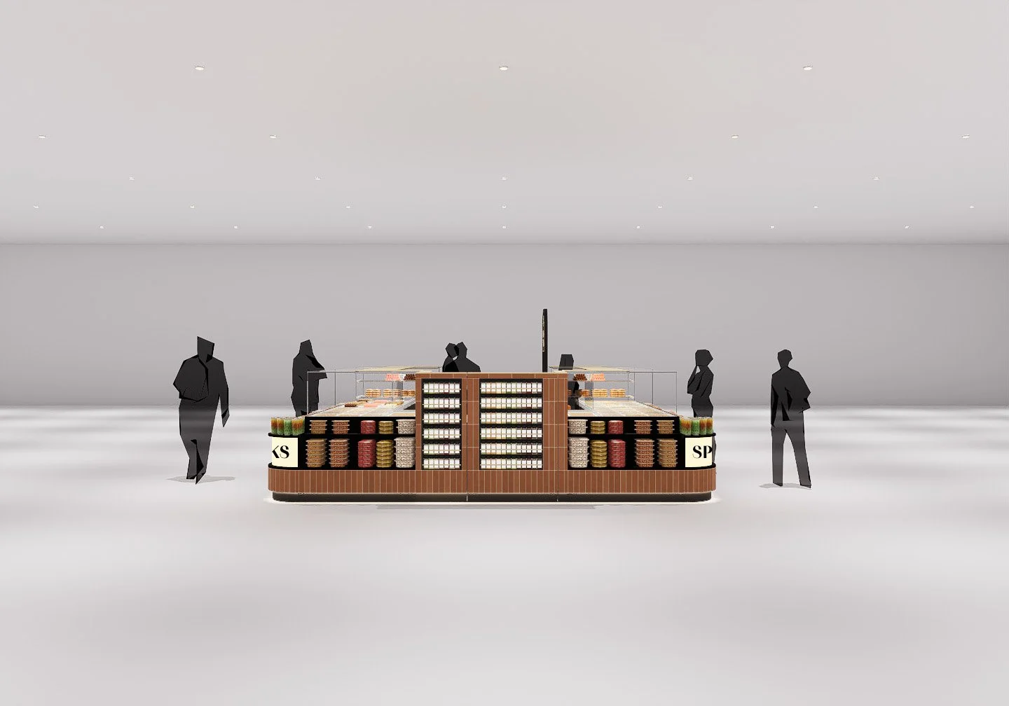 Interior elevation highlighting custom storage and merchandising fixtures.