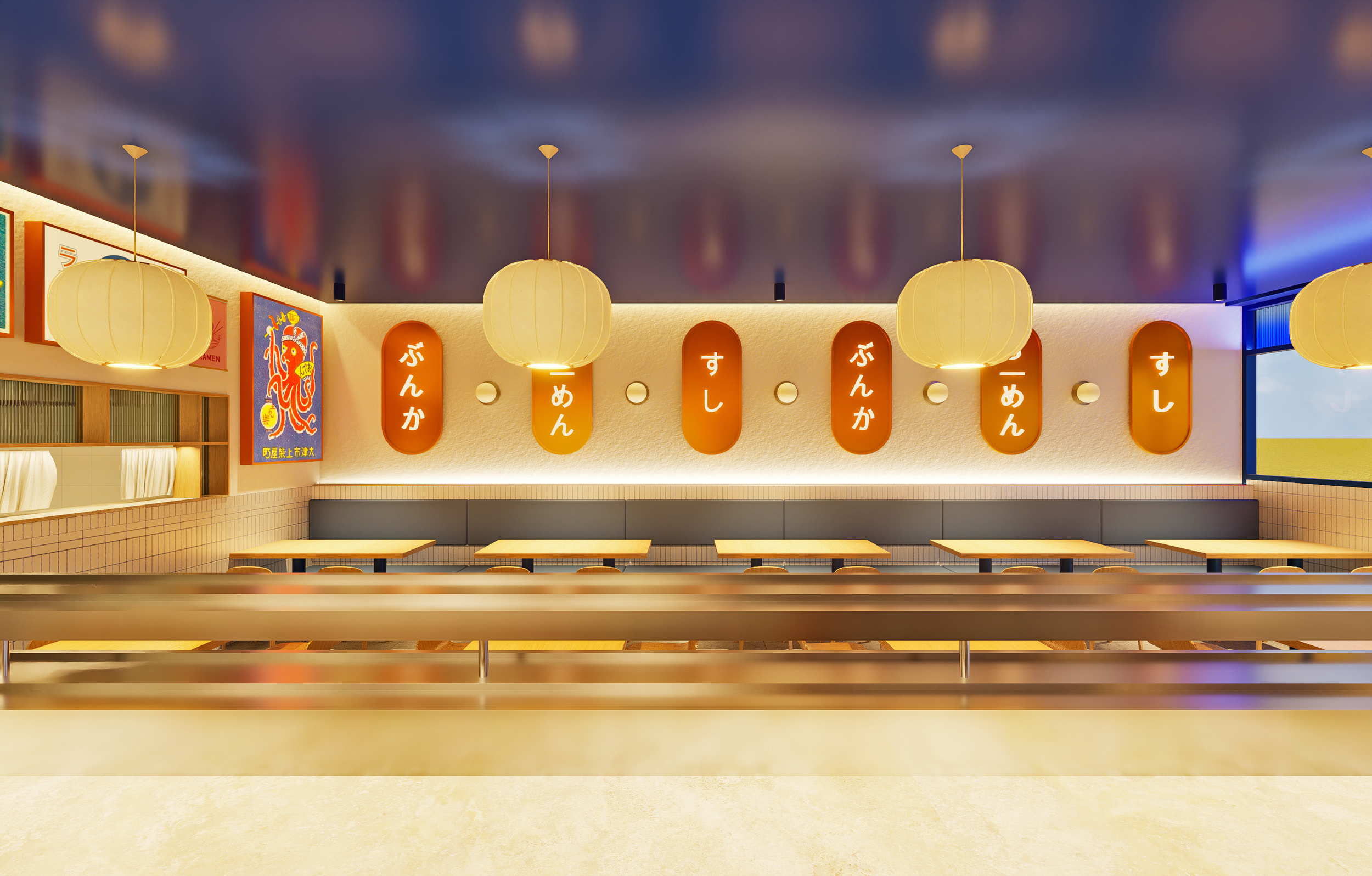 3D concept render of the Sushi Culture dining area with timber finishes and booth seating.