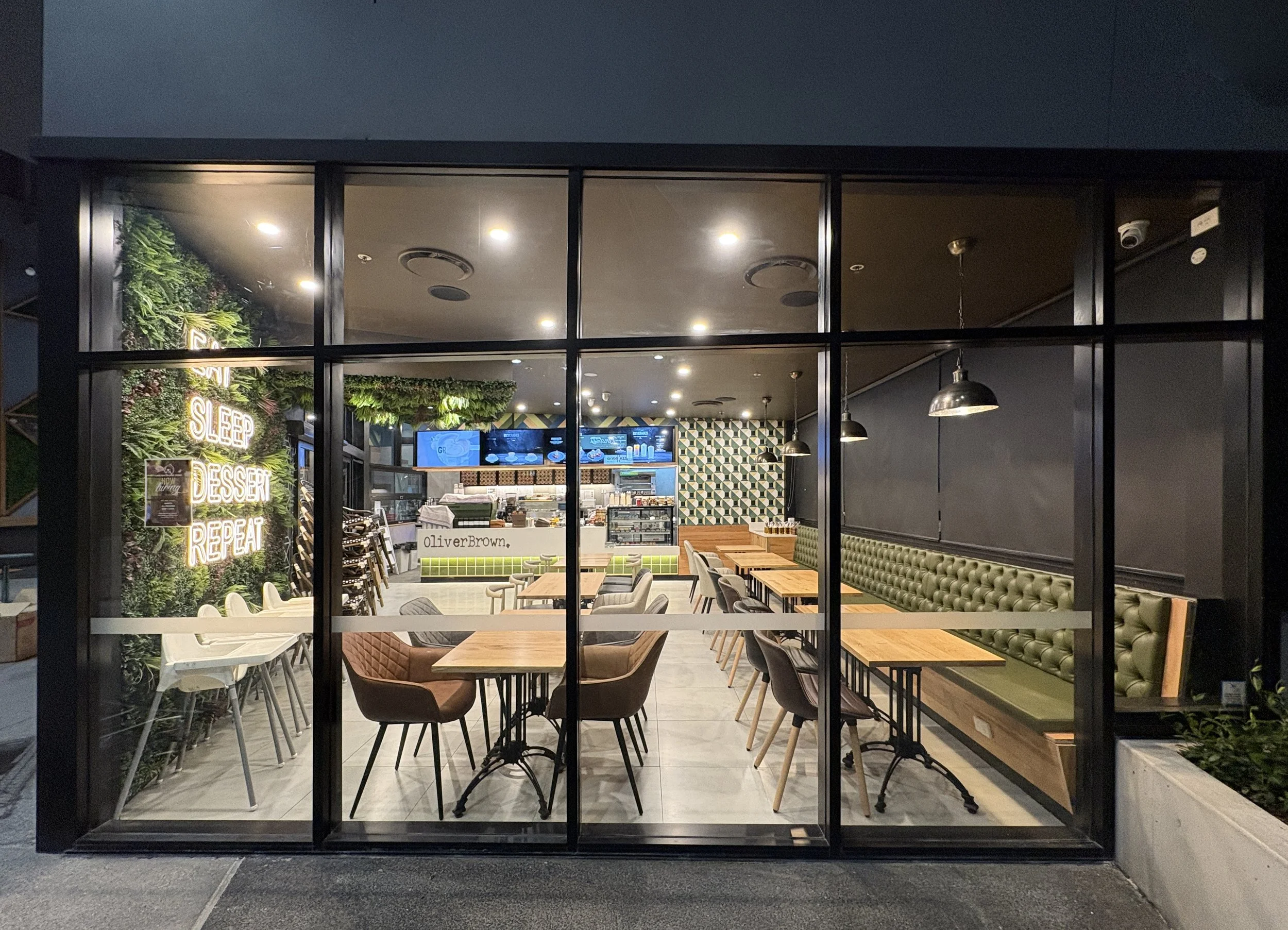 Street frontage of Oliver Brown Lake Macquarie showcasing the completed café fit-out, glazed shopfront.