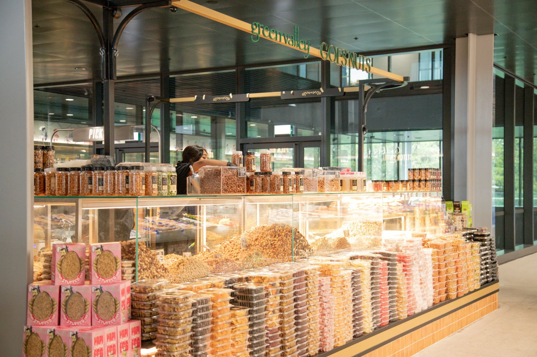Green Valley Goes Nuts Sydney Fish Market kiosk showcasing the completed retail environment, product displays and customer service counter.