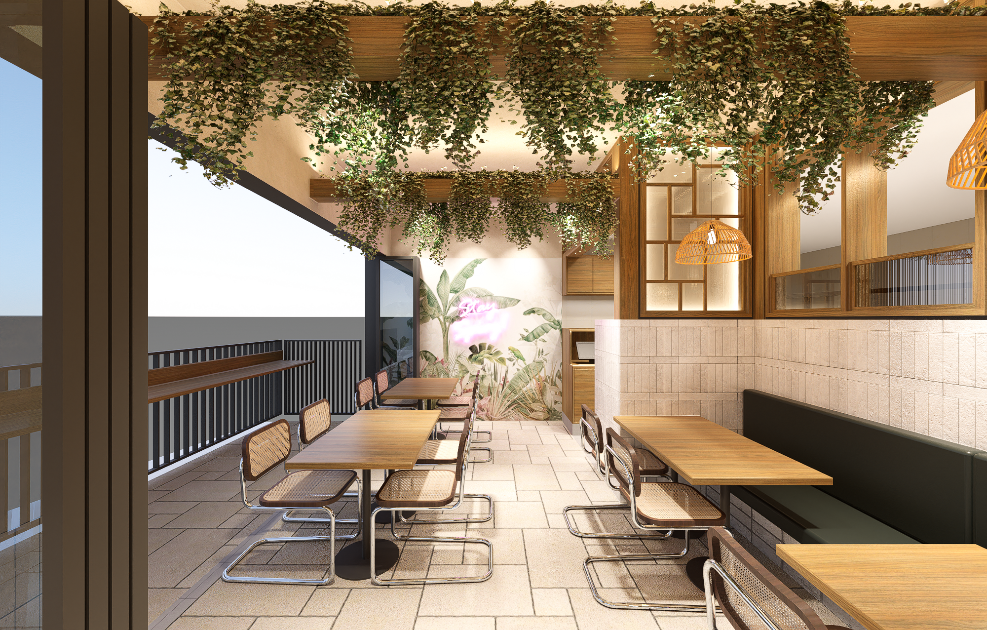 3D render of the restaurant featuring fluted glazing, custom joinery and textured finishes.