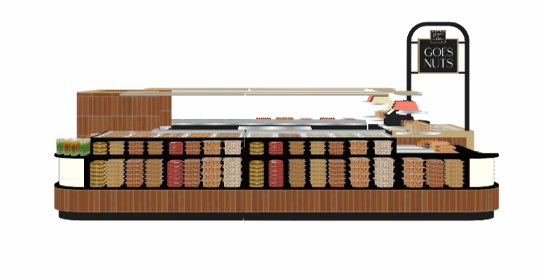 Concept elevation for the Green Valley Goes Nuts kiosk, showcasing the proposed specialty retail design for fresh food, snacks and premium nut products.