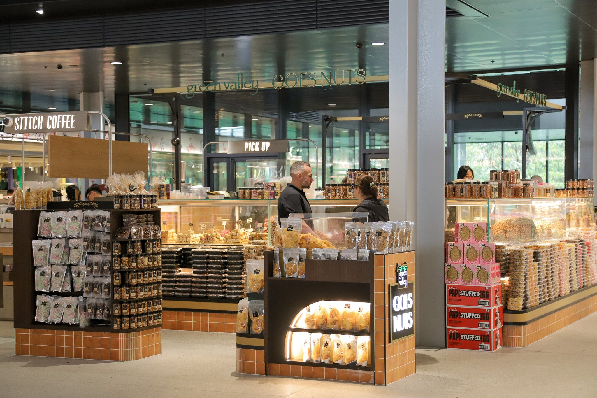 Commercial retail fit-out completed by Cubit Projects for Green Valley Goes Nuts, featuring custom kiosk joinery, displays and integrated branding.