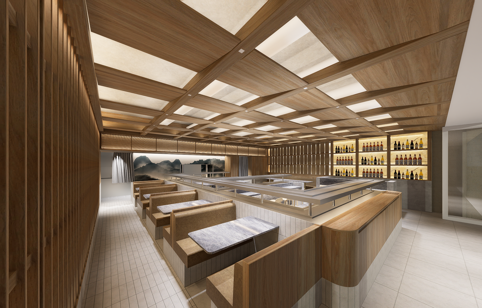 Interior design concept showing the proposed Wonder Sushi dining experience.