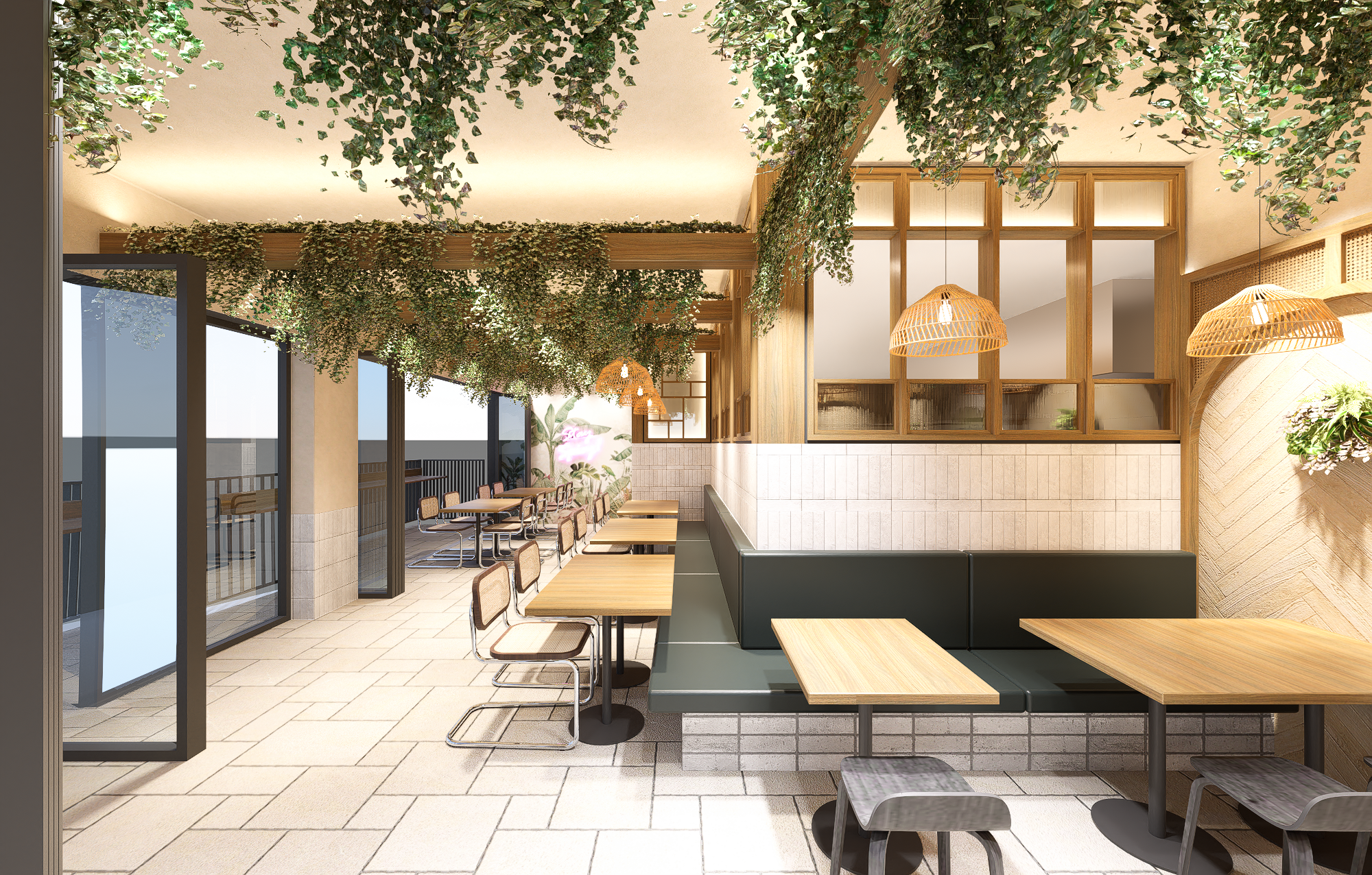 Interior concept render of the dining area featuring custom banquette seating and warm timber finishes.