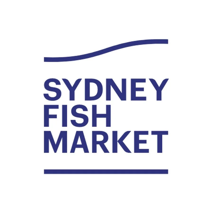 Logo of Sydney Fish Market with blue text and lines, on a white background.
