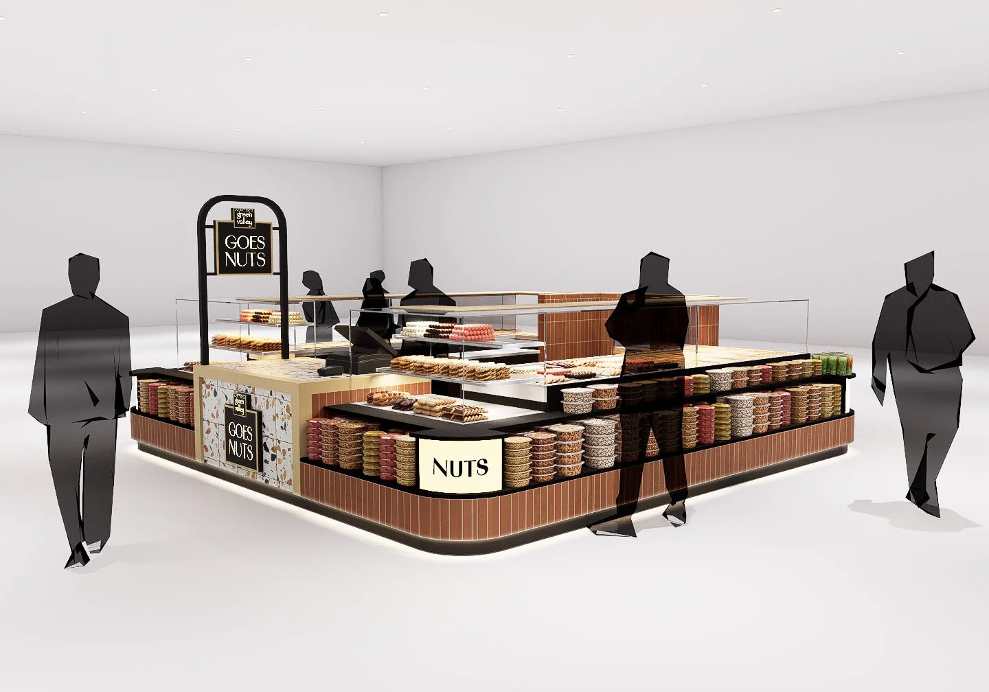 Concept render highlighting the kiosk's open customer experience and display shelving.