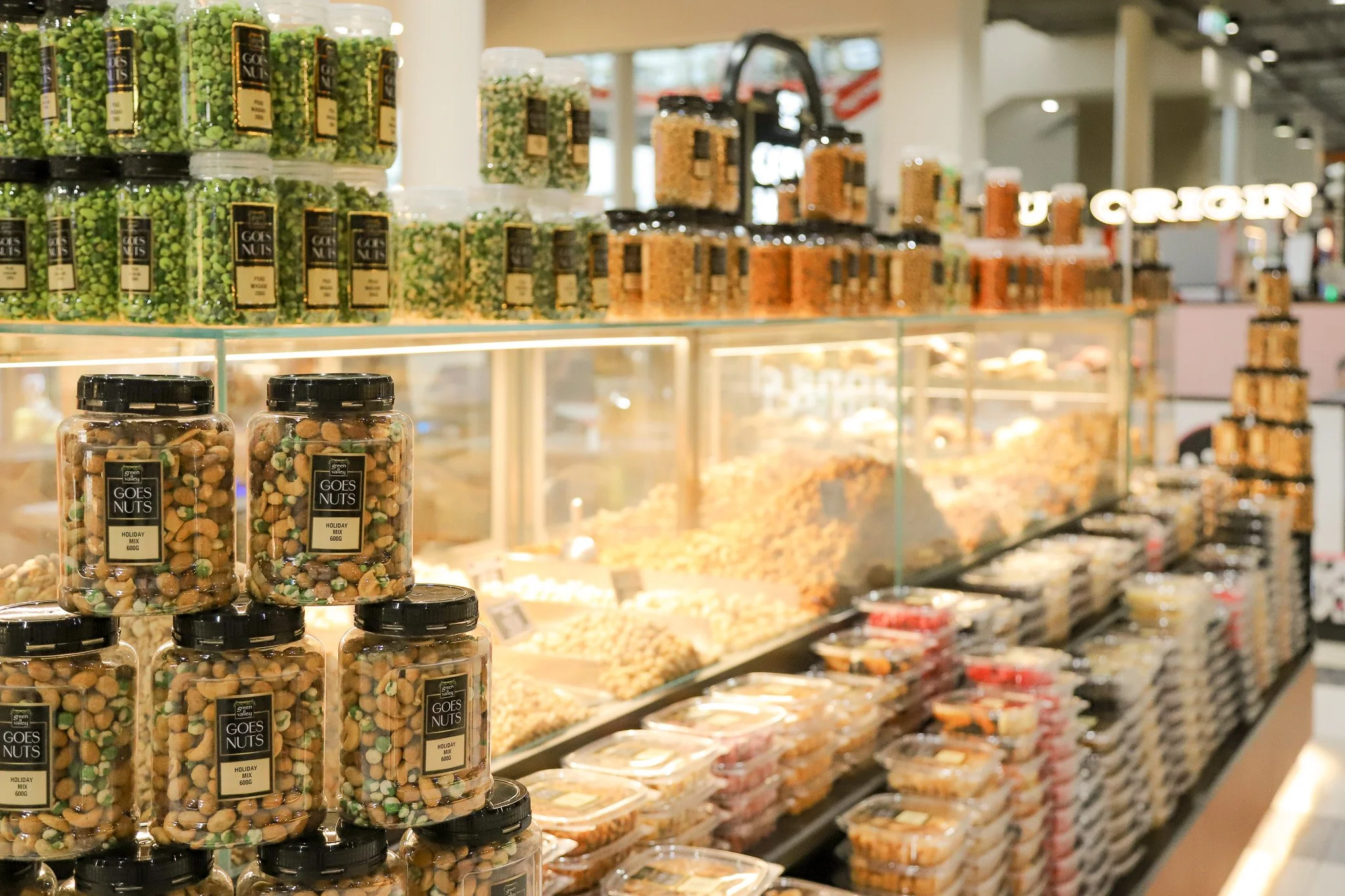 Green Valley Goes Nuts Lidcombe interior featuring custom glass display joinery, product presentation areas and a premium specialty food retail experience.