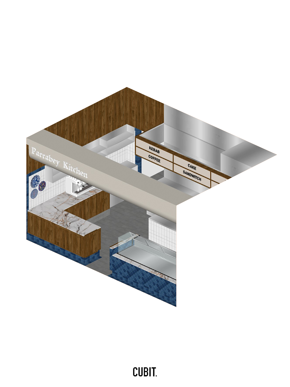 3D concept render for Parrabey Kitchen, showcasing a contemporary café design with an efficient service counter and customer-focused layout.