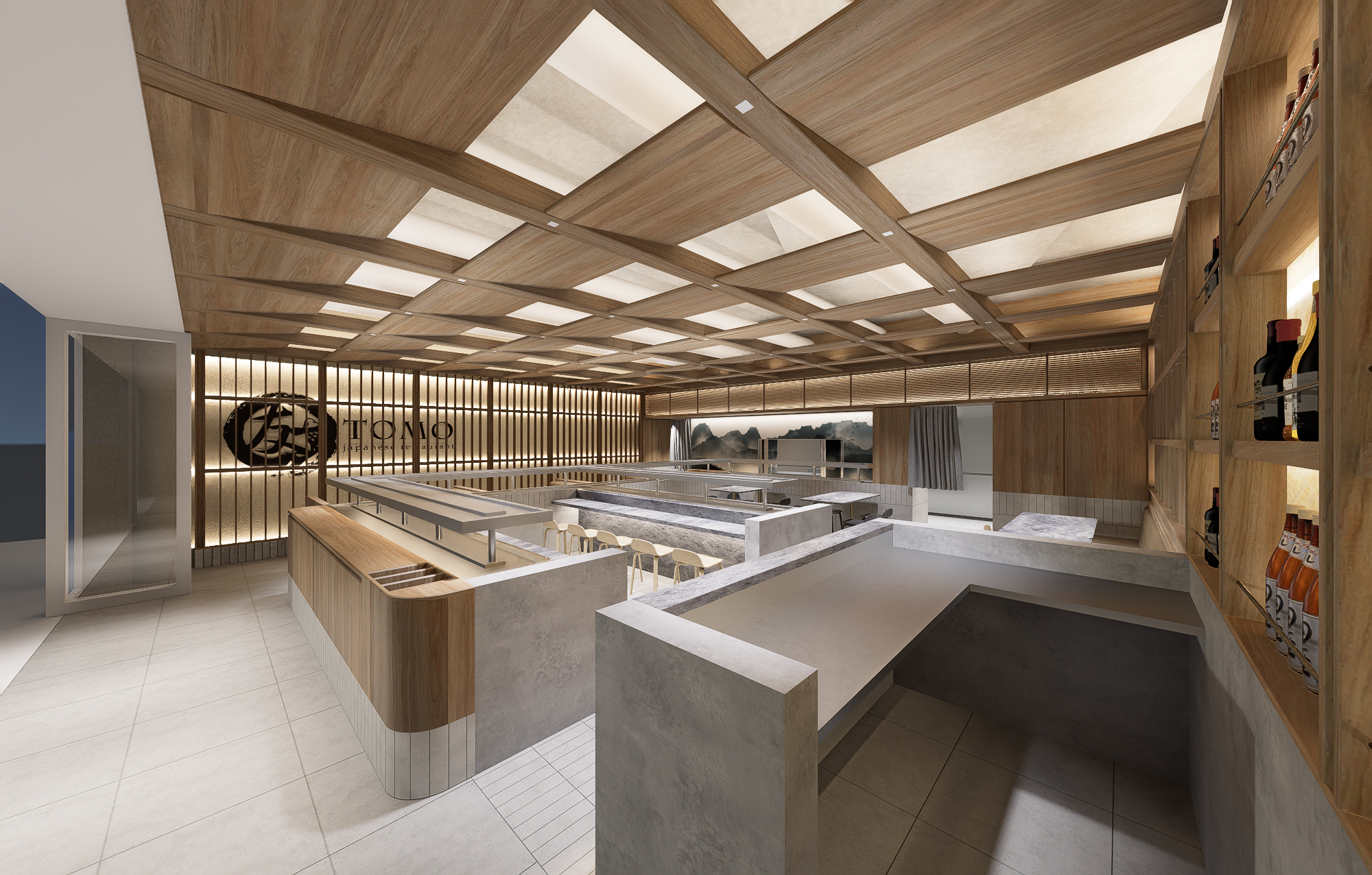 3D concept render of the Wonder Sushi restaurant interior and sushi train.
