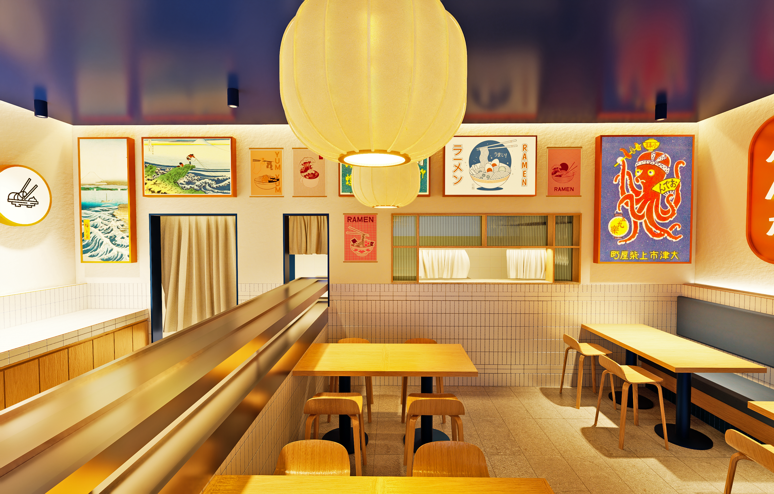 Interior design render highlighting the restaurant's contemporary material palette.