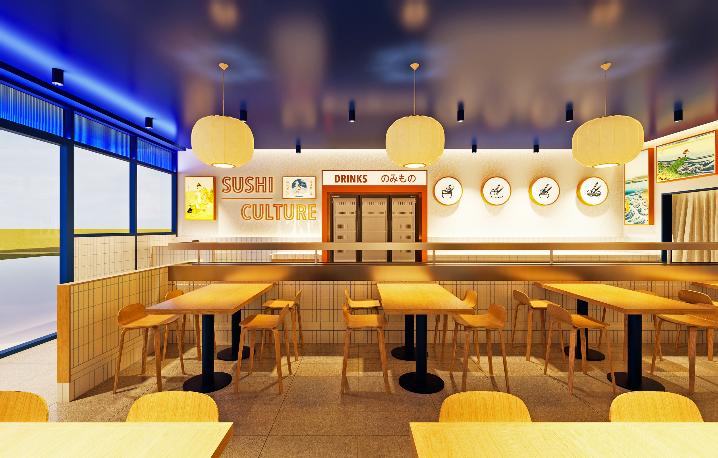Interior design concept showing the Sushi Culture customer dining space.