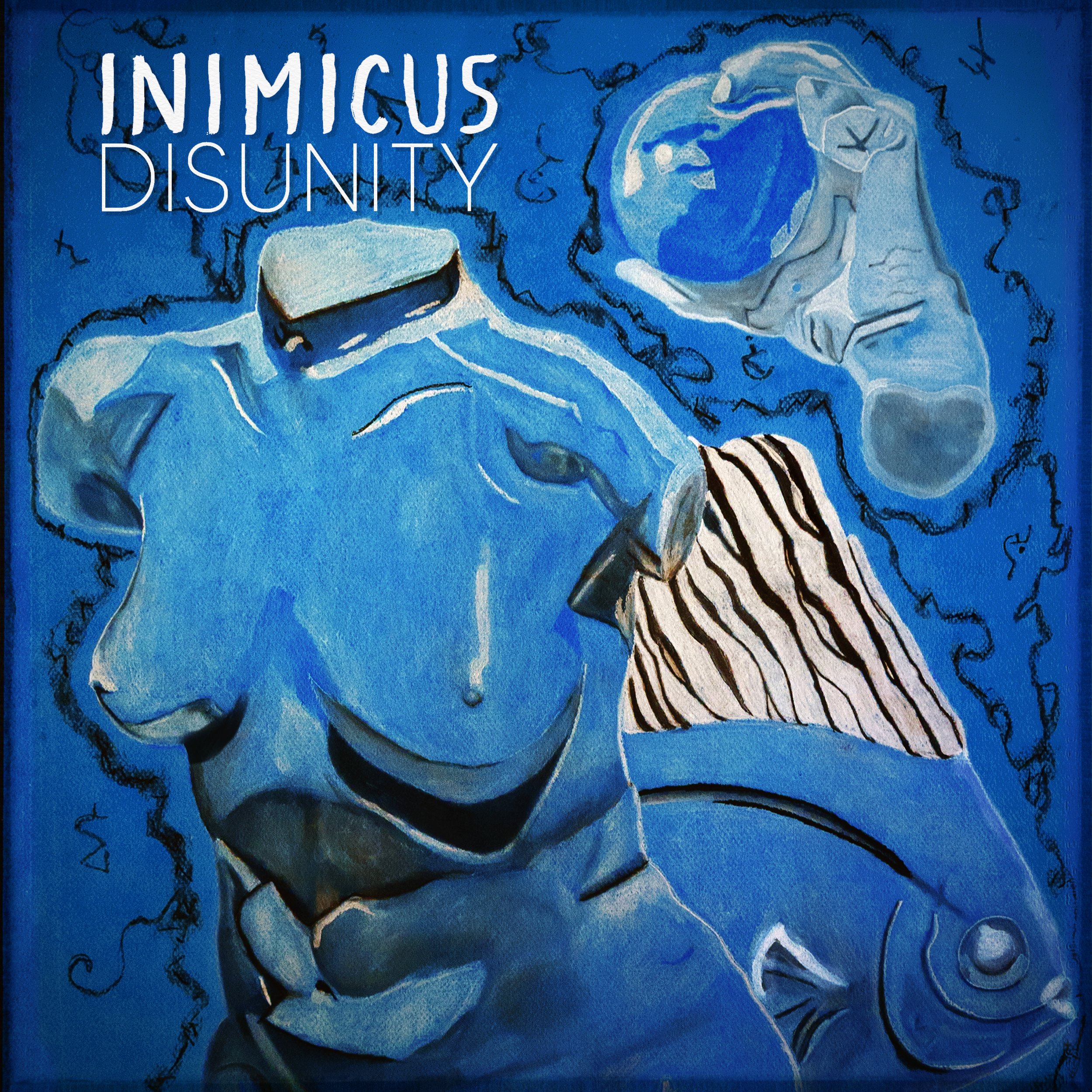 Blue artistic painting featuring a muscular horse head, a hand holding a glass globe containing the Earth, and a hand with black and white striped fabric in the background. The text 'INIMICUS DISUNITY' is displayed in the top left corner.