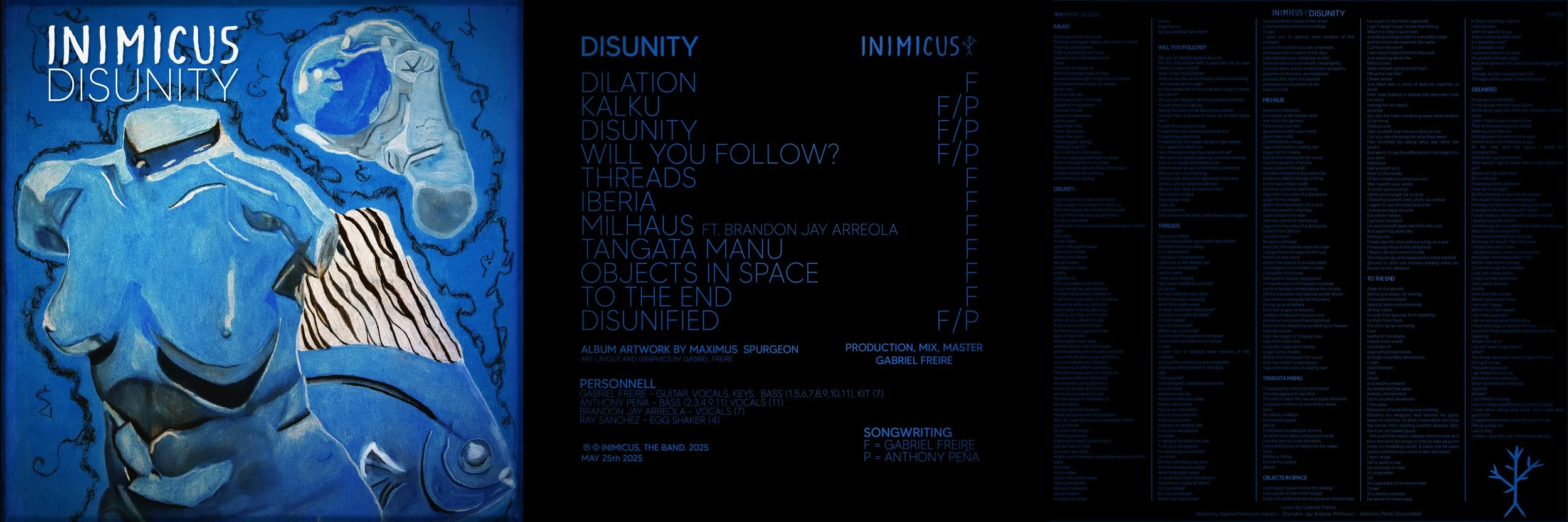 Album artwork featuring abstract art in blue tones with text listing song titles and credits, including the artist's name Maximus Spurgeon and others.