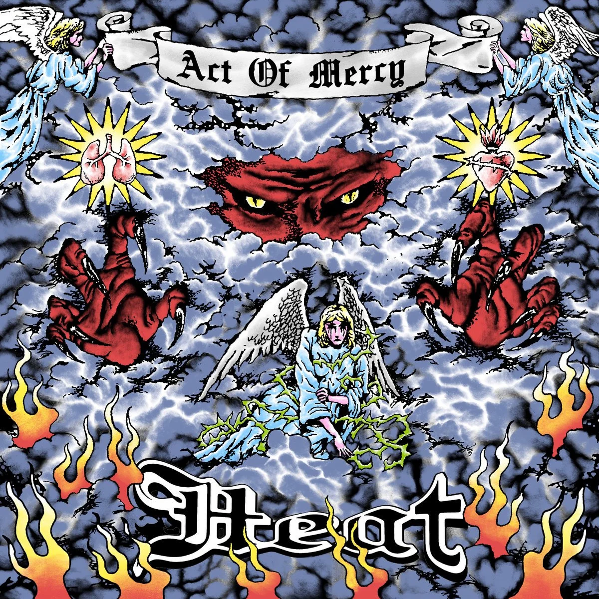 A dark, artistic illustration featuring angelic figures holding scrolls, a central ghostly angel sitting in front of flames, and a pair of monstrous red hands with claws, with a menacing black-eyed face in the clouds and lightning in the background. The words "Act of Mercy" and "Heat" appear in gothic lettering.