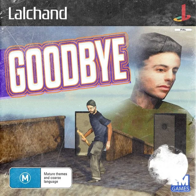 Video game cover art for 'Goodbye' by Lalchand for PlayStation, featuring a large face of a young man, a smaller man playing an electric guitar in a room with two speakers, and a horror-like skull or ghostly figure in the bottom right.
