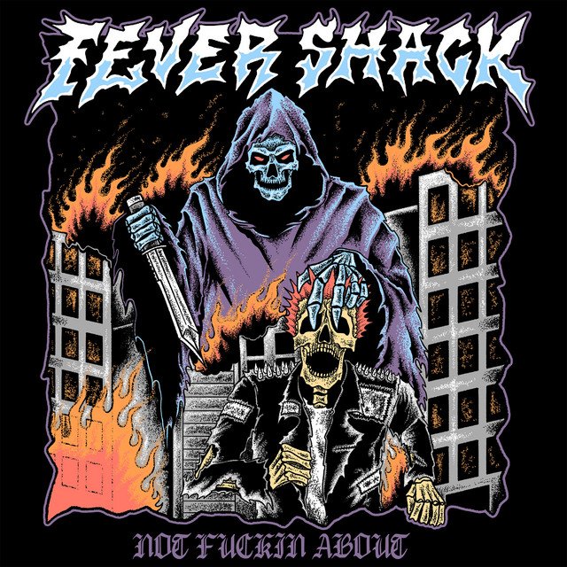 A cartoon-style illustration of a skeleton figure dressed in a purple hoodie, holding a sword, with a smaller skeleton character wearing a leather jacket. The background depicts burning buildings and flames, with the text "FELLIG CHECK" at the top and "NOT FUCKIN ABOUT" at the bottom.