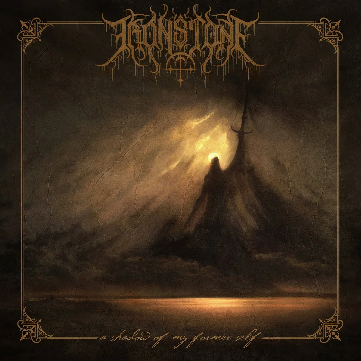 Dark, moody landscape with a solitary cloaked figure holding a trident standing on a rocky shore. The moon is partially obscured by clouds, casting an eerie glow. Ornate border and a stylized logo or band name at the top, with the text "a shadow of my former self" at the bottom.
