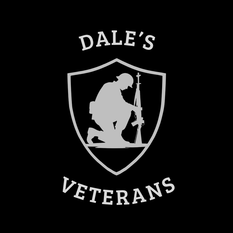 A black and gray emblem featuring a silhouette of a soldier kneeling with a rifle, enclosed within a shield shape. The text above the shield reads "DALE'S" and below reads "VETERANS."