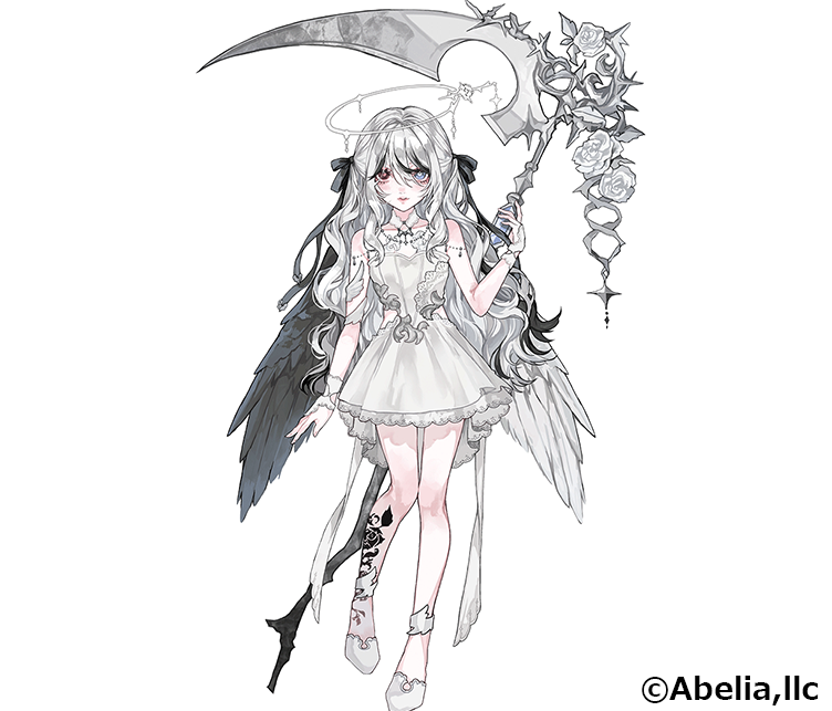 翼のある少女が大きな鎌を持っているイラスト。白いドレスと長い髪、花の飾りを付けている。
