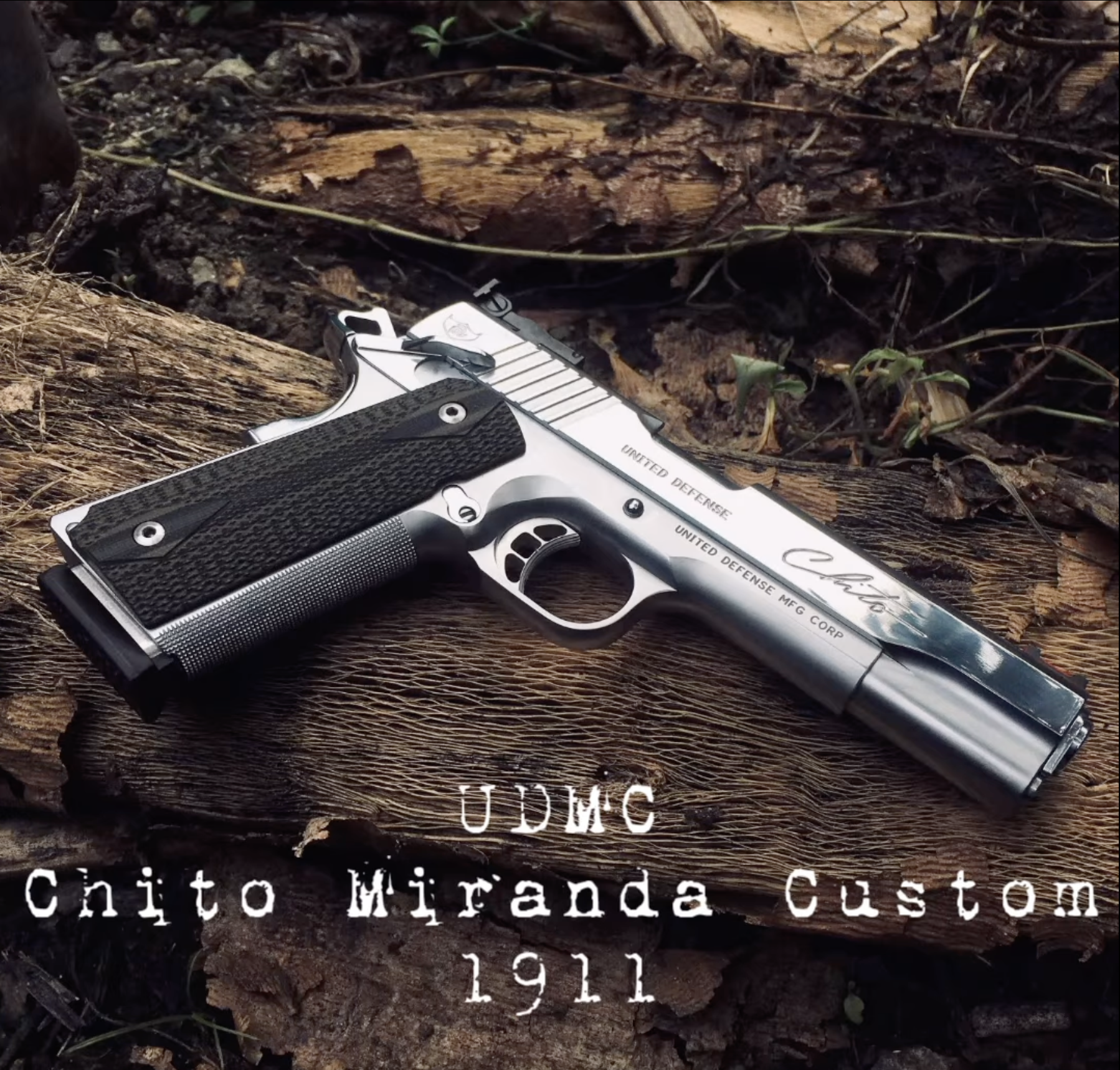 A silver custom semi-automatic pistol with black grips resting on a piece of wood outdoors, with text overlay reading "UDMC Chito Miranda Custom 1911."