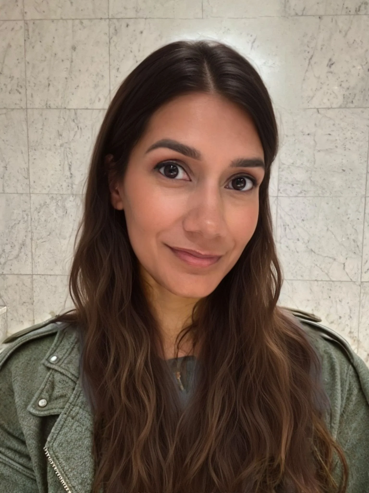 Close-up of a smiling young woman with long wavy brown hair, wearing a green jacket, standing in front of a light-colored tiled wall.