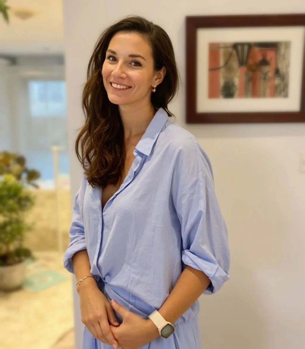 A woman with long brown hair wearing a light blue button-up shirt, smiling and standing indoors in front of a framed picture.