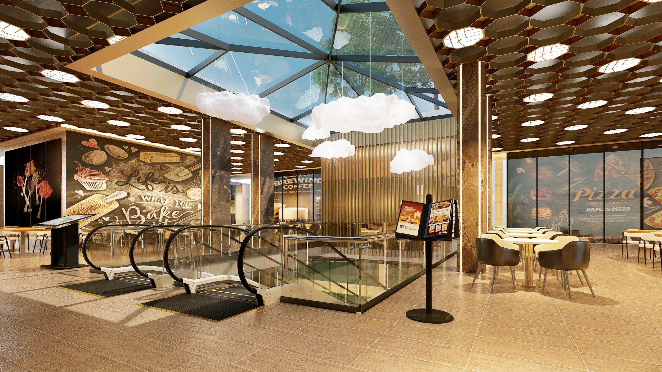 Interior of a modern shopping mall or food court with seating areas, escalators, decorative cloud-shaped light fixtures, and large windows displaying signs for pizza and a coffee shop.
