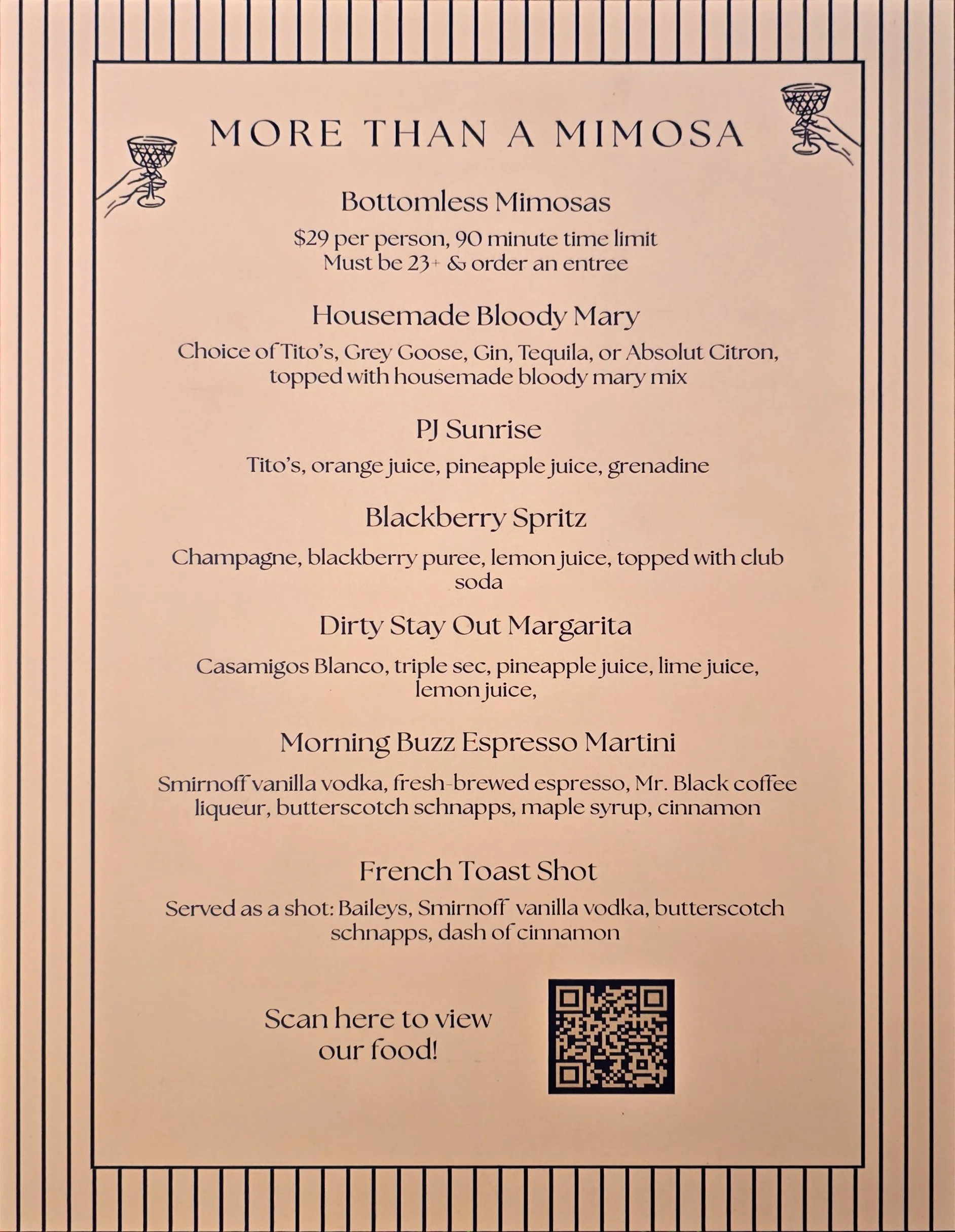 Back of the brunch menu, shows all the specialty cocktails we serve during those hours.