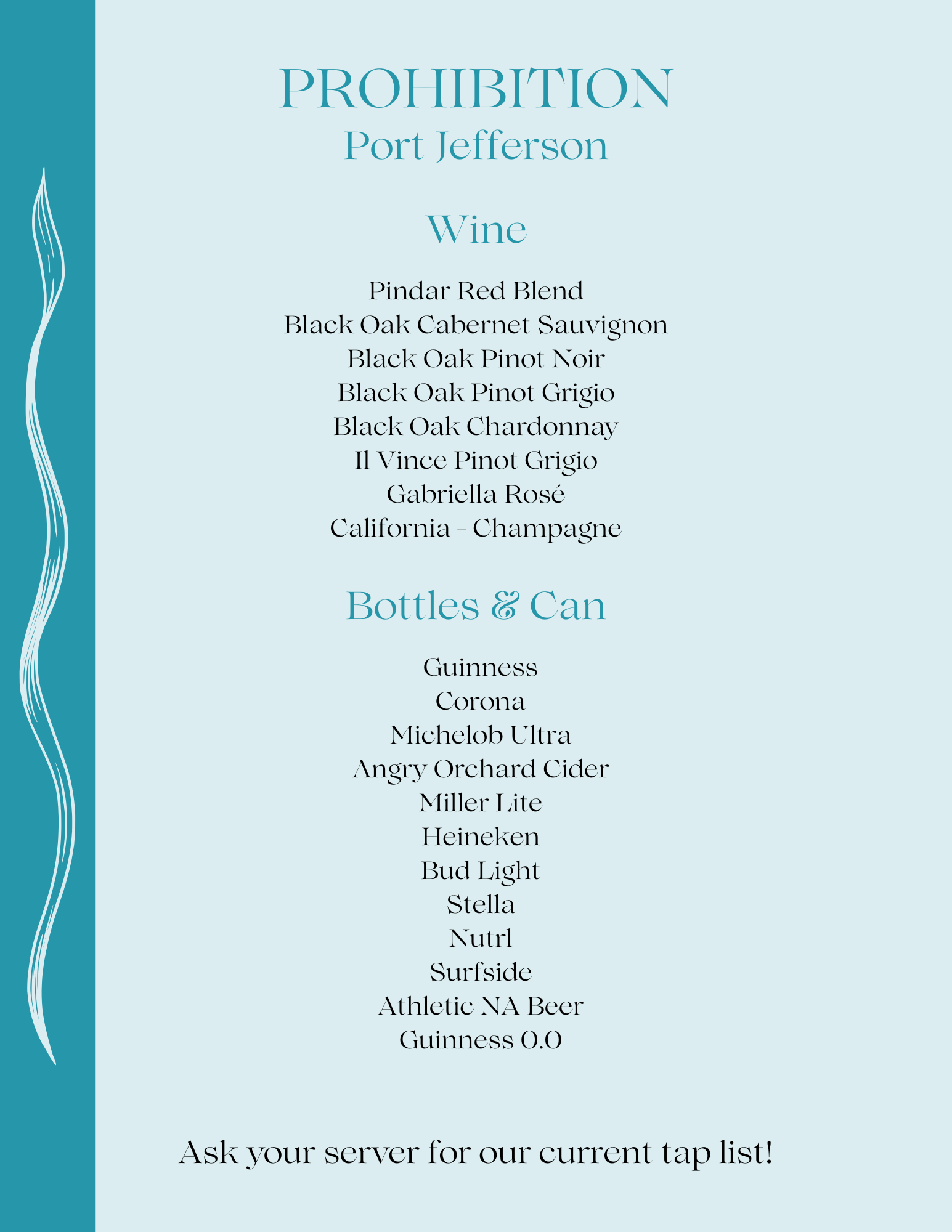 The back of our cocktail menu, listing our wines and beers we have